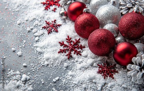 Festive Red Ornaments and Snow-Covered Pine Branches on a White Background