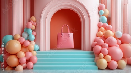 Pink-themed decorative display with whimsical trees and various bags during d...