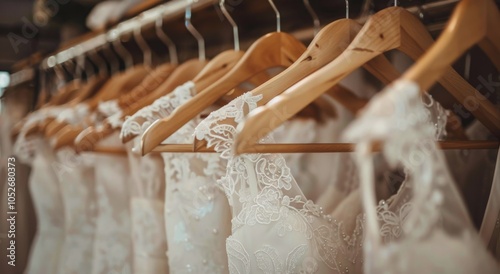 White Lace Wedding Dresses Hanging On Wooden Hangers In A Bridal Boutique