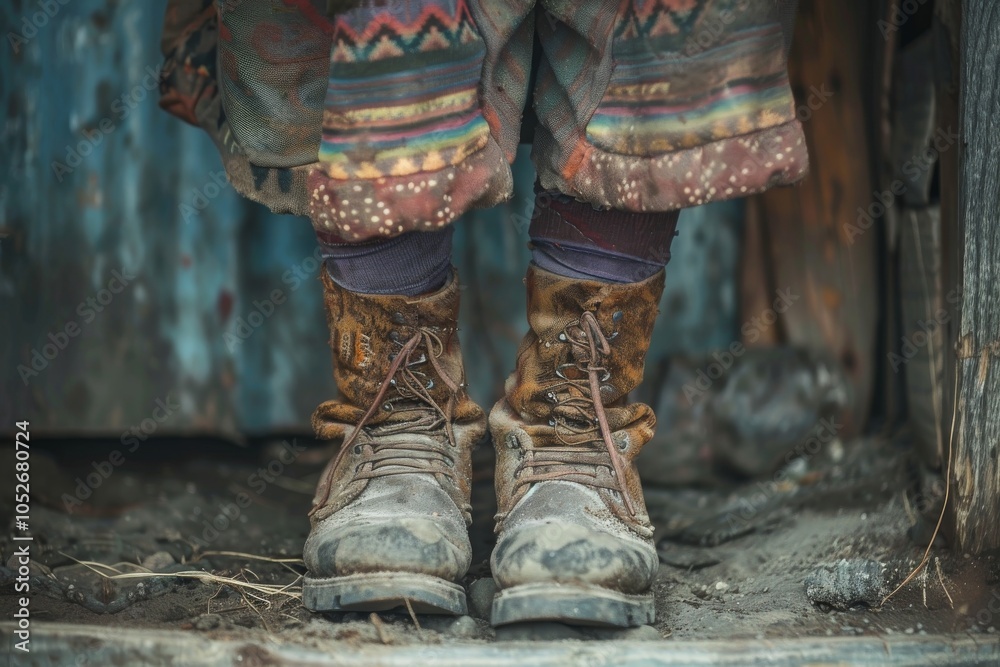 Dirty old shoes, worn out boots, long road, hiking symbol, forest walk, dirt off-road, refugees, holey boots Dirty old shoes, worn out boots, long road, hiking symbol, forest walk, dirt off-road, refugees, holey boots