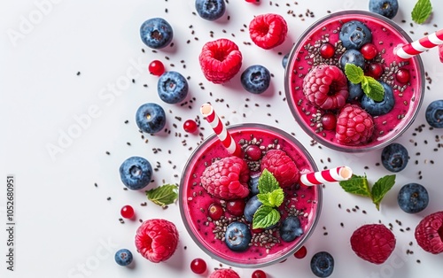 Two Glasses of Fresh Raspberry and Blueberry Smoothies With Chia Seeds and Mint