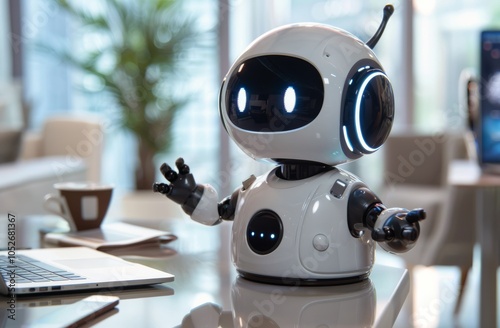 White Robot With a Laptop on a Table