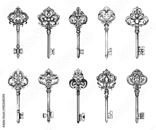 Ornamental medieval retro vintage key set. Elegant antique decoration. Metal antiquarian filigree work design element. Secret privacy symbol. Black and white sketch flat style. Isolated vector on