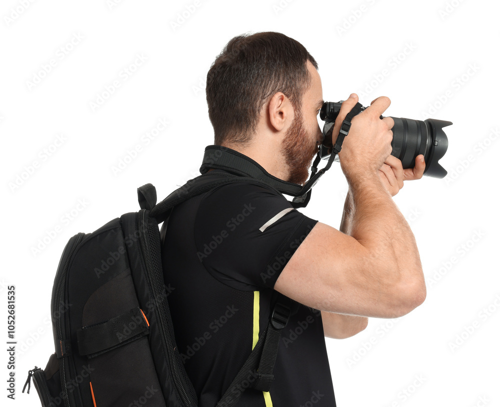Photographer with backpack and camera taking picture on white background Photographer with backpack and camera taking picture on white background