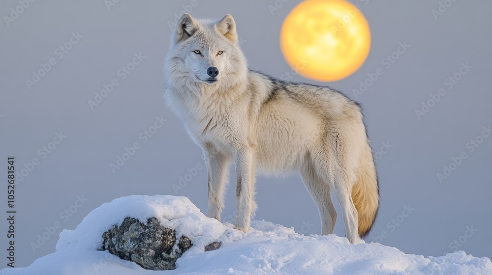 Obraz premium White wolf standing on a snowy hill with a large orange sun in the background