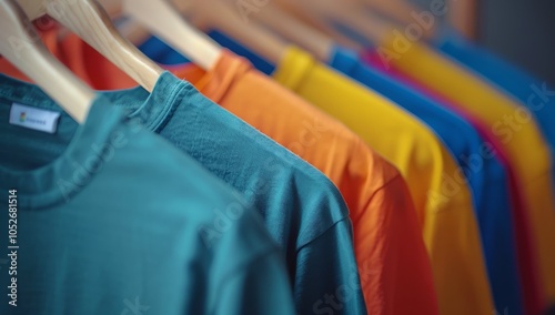 Colorful T-Shirts Hanging on Wooden Hangers in a Retail Store