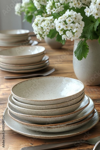 Rustic dining table set with stacked kitchen plates and fresh flowers in vase
