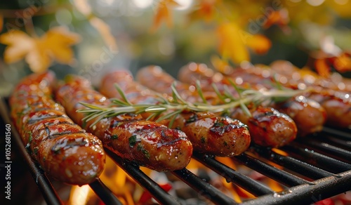 Grilled Sausages With Autumn Leaves Falling on a Barbecue Grill