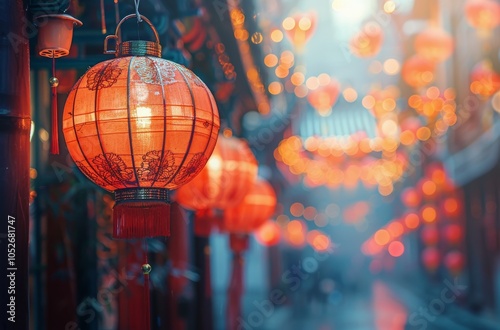 Illuminated Red Lanterns Hanging in a Chinese City at Dusk