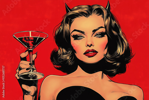 A vintage style illustration of a woman dressed as the devil holding a cocktail. Halloween party
