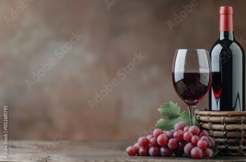 Red Wine and Grapes on Wooden Table