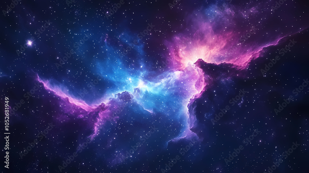 Deep space nebula with swirling blue and purple cosmic clouds dotted with brilliant stars creating ethereal and mysterious galactic landscape. Galactic Nebula. Illustration Deep space nebula with swirling blue and purple cosmic clouds dotted with brilliant stars creating ethereal and mysterious galactic landscape. Galactic Nebula. Illustration