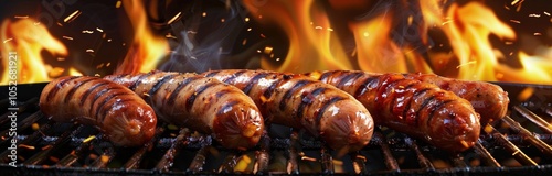 Grilled Sausages Cooking Over Flames on a Barbecue Grill