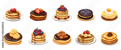 Pancake with topping set. With strawberry berry raspberry chocolate cream honey maple syrup and butter.On plate and without. Breakfast concept. Decorative desserts. Cartoon style isolated vector