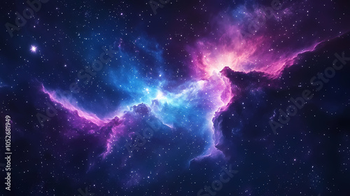 Deep space nebula with swirling blue and purple cosmic clouds dotted with brilliant stars creating ethereal and mysterious galactic landscape. Galactic Nebula. Illustration