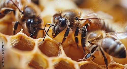 Closeup of Honey Bee Working on Honeycomb