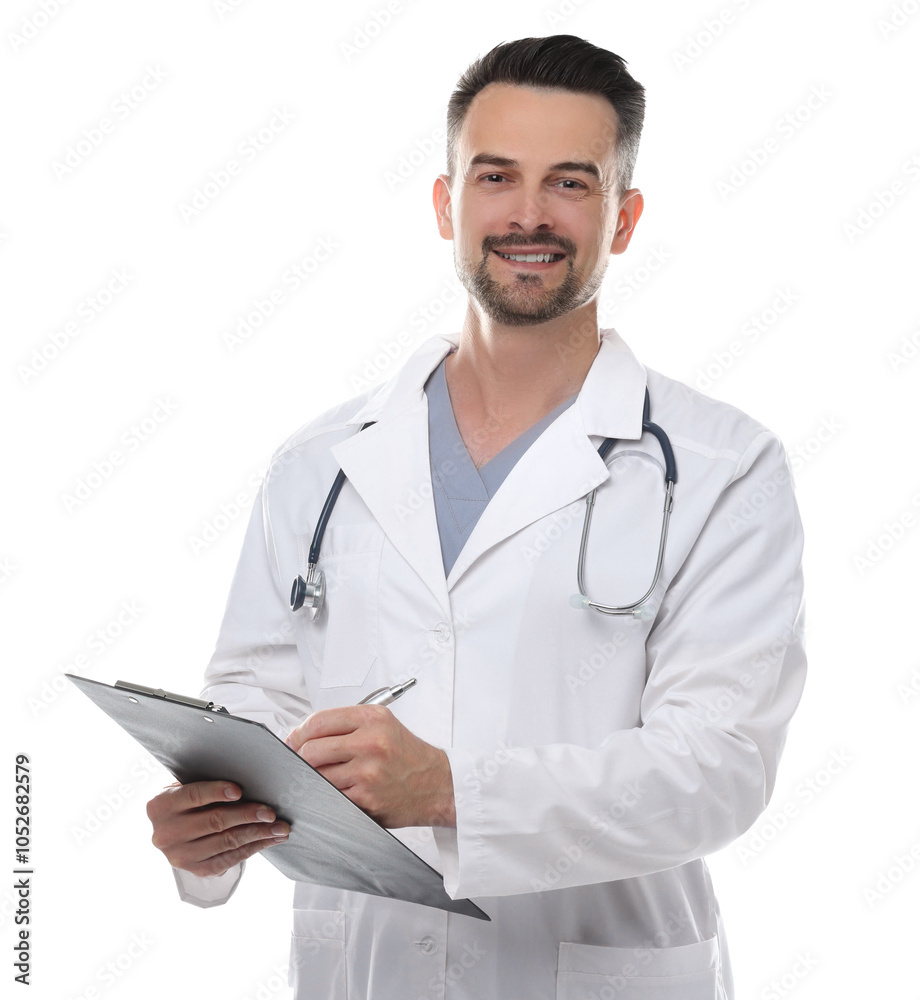 Smiling doctor with stethoscope and clipboard isolated on white Smiling doctor with stethoscope and clipboard isolated on white