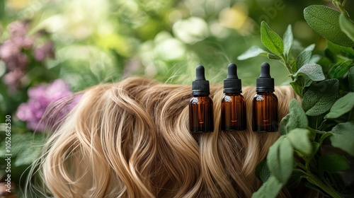 Bottles of natural oils placed on a womans hair amidst a garden of blooming f...