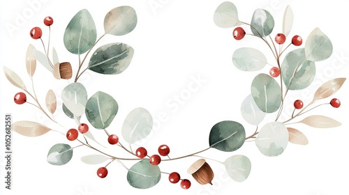 Wallpaper Mural   Watercolor painting of a wreath, red berries, and green leaves on a white background Torontodigital.ca
