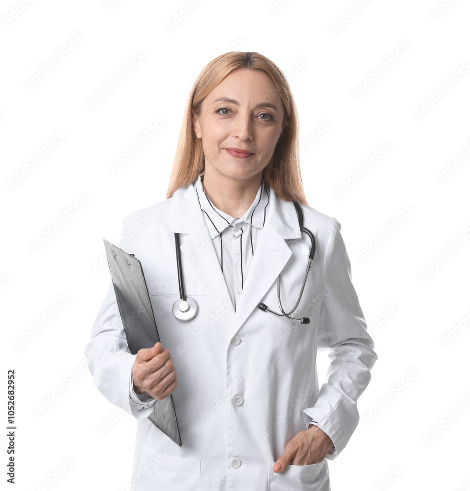 Doctor with stethoscope and clipboard on white background Doctor with stethoscope and clipboard on white background