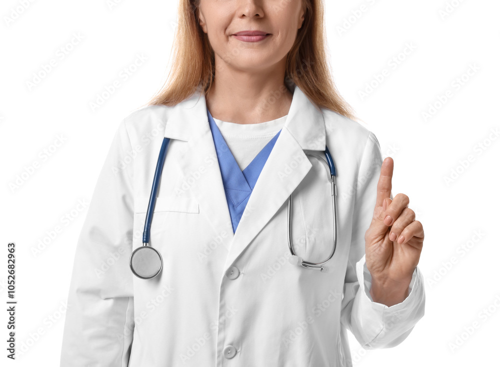 Doctor with stethoscope pointing at something on white background, closeup Doctor with stethoscope pointing at something on white background, closeup