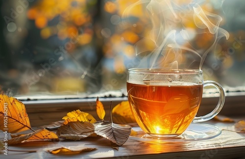 A Cup of Hot Tea on a Fall Windowsill