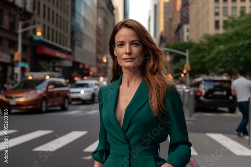 Portrait of a beautiful woman in a green dress in the city