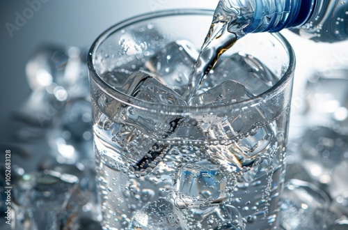 Pouring Sparkling Water Into Glass With Ice Cubes
