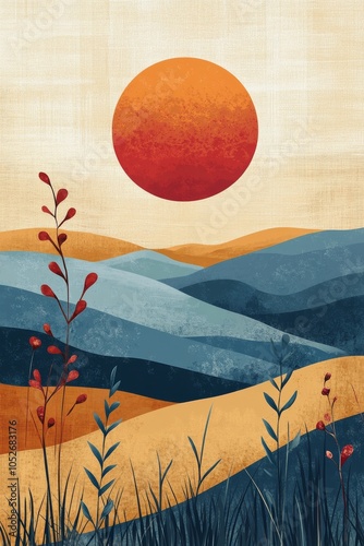 Sunset over rolling hills with wildflowers in a serene landscape