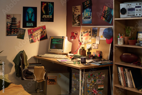 Retro computer setup on desk decorated with vintage posters, various writing tools, and personal items creating nostalgic ambiance photo