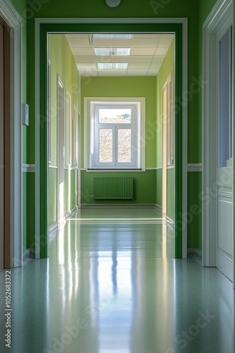 Long, brightly lit corridor with green doors in a modern facility
