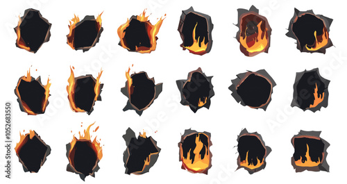 Paper holes with burning edges set. Fire scorched smoldering and burnt paper with burned damages flame and ash. Design element for your projects. Cartoon style isolated vector clipart collection