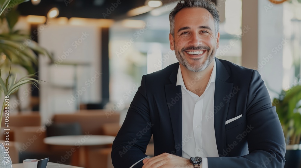 Fototapeta premium Business professional smiling confidently in a modern office setting during daytime
