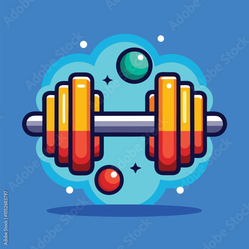 Colorful dumbbell illustration with weights bouncing around it.