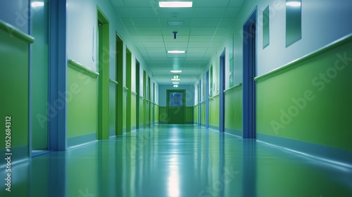 A long hallway with teal walls and a green door in an apartment building