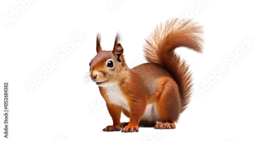 A realistic depiction of a squirrel with a bushy tail and alert