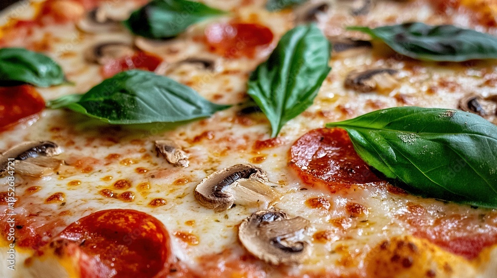 A close-up of a pizza topped with spinach leaves, pepperoni, and mushrooms A close-up of a pizza topped with spinach leaves, pepperoni, and mushrooms