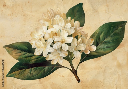 White Magnolia Flowers Blooming on Branch With Green Leaves Against Beige Bac...