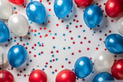 Red, White, and Blue Balloons Scattered With Stars on a White Background