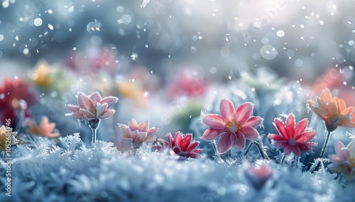 Delicate Pink And White Flowers Covered In Frost On A Cold Winter Morning