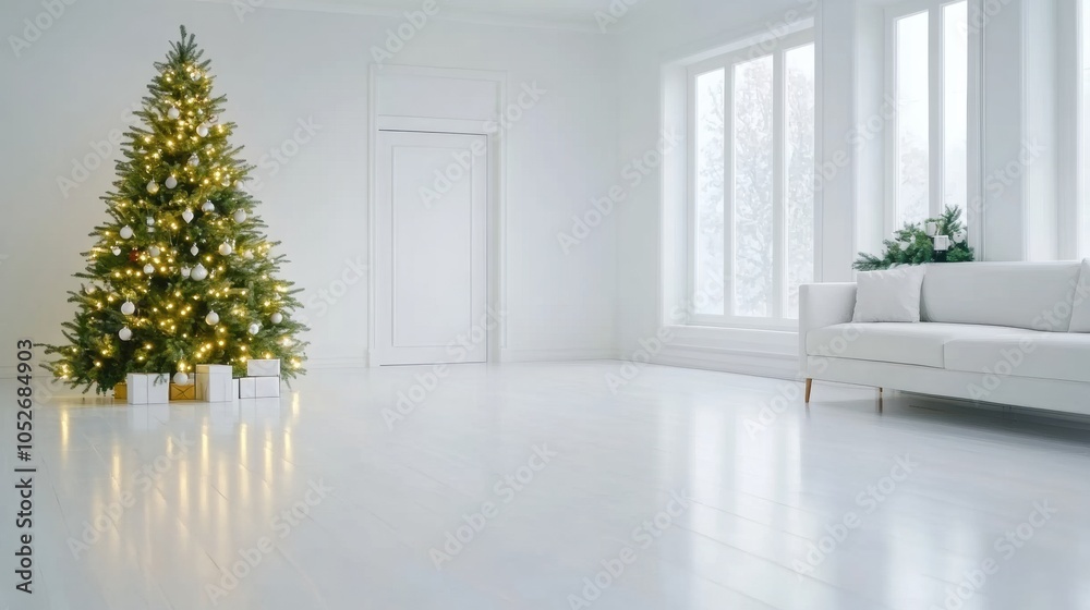 Fototapeta premium Elegant Christmas tree with glowing lights in a minimalist white living room, AI