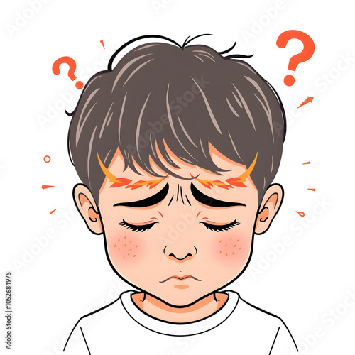 Vector illustration showing a severe headache in a child that may lead to a migraine attack on a white background. Generative AI