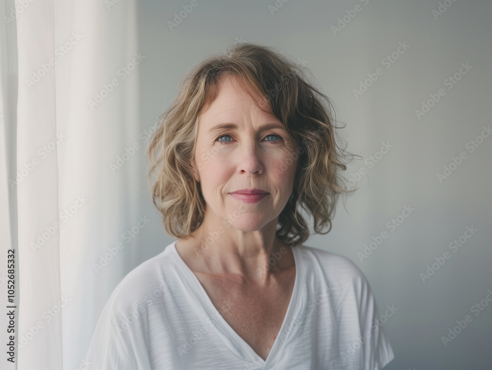 A soft, natural light portrait of a 45 years old woman with soft shadow, minimal makeup, standing against a clean, neutral background A soft, natural light portrait of a 45 years old woman with soft shadow, minimal makeup, standing against a clean, neutral background