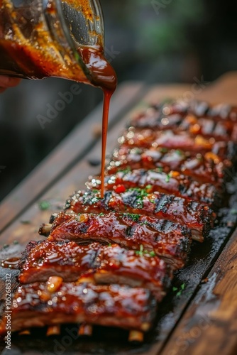Delicious barbecue ribs being glazed with sauce on a wooden cutting board