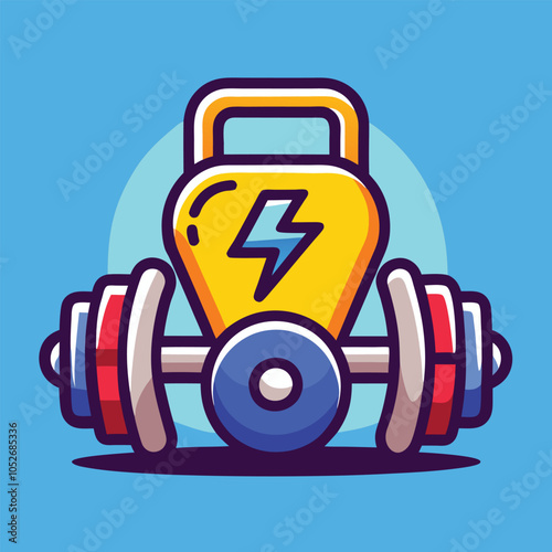Kettlebell and barbell with lightning bolt graphic.