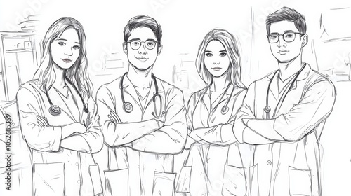 Diverse Medical Team in Sketch Style
