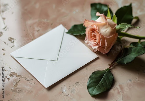 White Envelope and Peach Rose on a Brown Surface