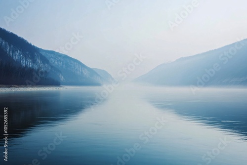 Serene Blue River Landscape with Foggy Mountains