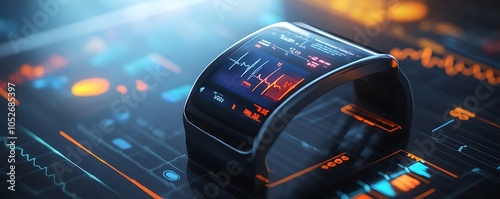 Smart wearable technology on display monitoring vital signs and health data on a screen