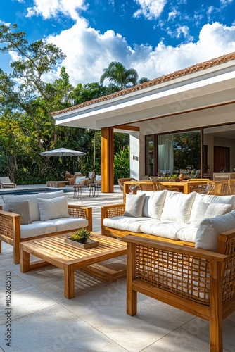 Cozy outdoor seating area with rattan furniture surrounded by trees on a sunn...